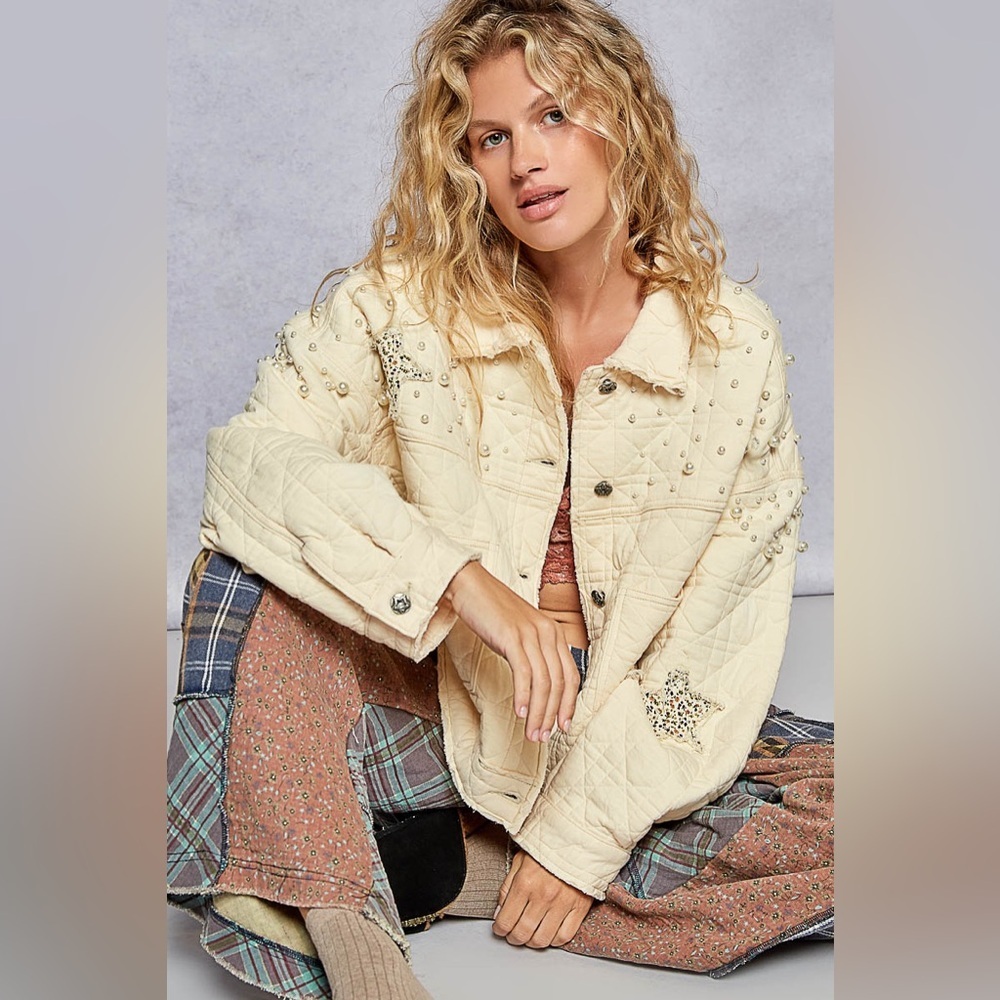 ⚡️ 📦 POL “ Twinkle Thread Puffer “ Quilted Patchwork and Pearl Jacket | Cream - Picture 3 of 7
